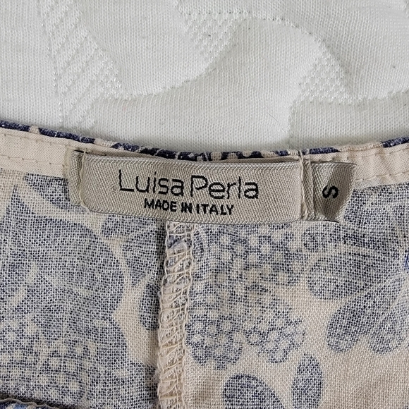 Luisa Perla Made In Italy Crochet Trim Flutter Sleeve Blue Tan Linen Dress Small - Picture 9 of 11